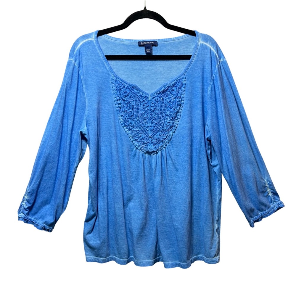 Bandolino Blue Embellished V Neck 3/4 Sleeve Knit Top Size L Blouse Shirt‎